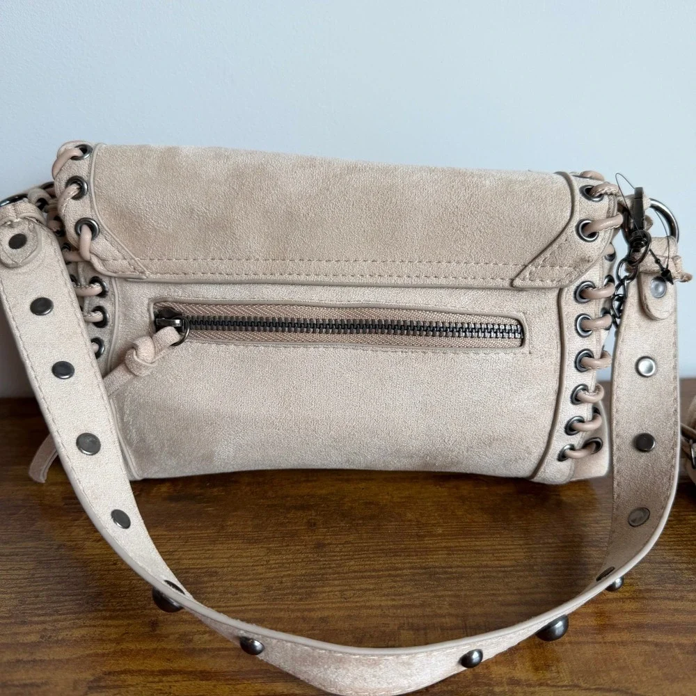 New Ed Hardy Beige Brown Shoulder Handbag Y2K Laced Up Pouch Cream Studded